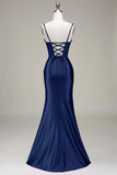 Verde scuro Sirena Spalline sottili Corsetto Abito da ballo con Split Front