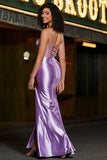 Elegante sirena Spaghetti Straps Viola Corsetto Prom Dress con Split Front