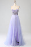 Lavanda A Line Tulle Corsetto Abito Da Ballo Con Spacco