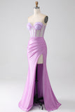 Lilla sirena senza spalline Corsetto vestito da ballo con fessura