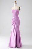 Senza spalline viola sirena Corsetto vestito da ballo con pieghe
