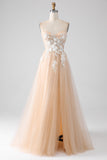 A-Line Champagne senza spalline Corsetto vestito da ballo con applicazioni