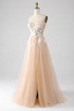 A-Line Champagne senza spalline Corsetto vestito da ballo con applicazioni
