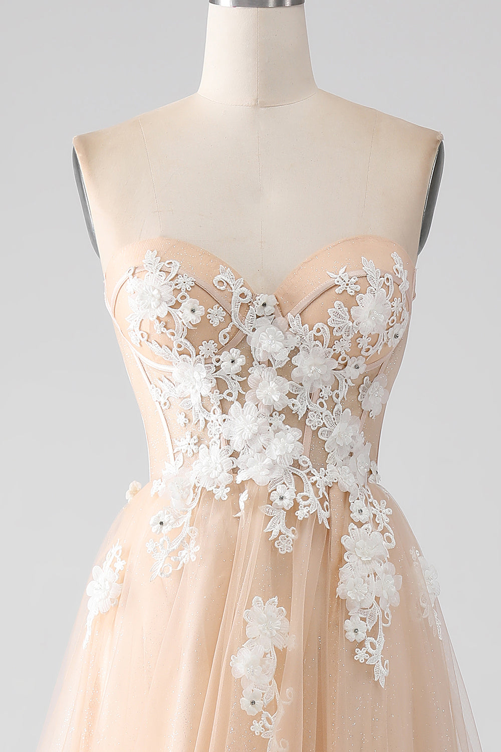 A-Line Champagne senza spalline Corsetto vestito da ballo con applicazioni