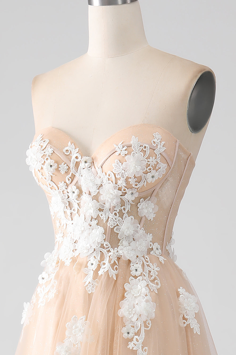 A-Line Champagne senza spalline Corsetto vestito da ballo con applicazioni