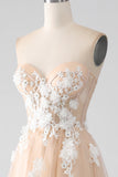 A-Line Champagne senza spalline Corsetto vestito da ballo con applicazioni