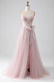 Scintillante A Line Abito da ballo in tulle senza spalline con fiocco