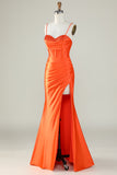 Arancione sirena Spalline sottili lungo corsetto Abito da ballo con fessura