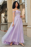 Splendida linea Off the Shoulder Corsetto viola abito da ballo con appliques
