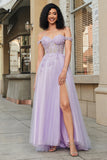 Splendida linea Off the Shoulder Corsetto viola abito da ballo con appliques