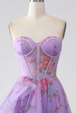 Viola stampato senza spalline Corsetto Prom Dress