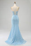 Glitter Azzurro Spalline sottili Sirena vestito da ballo con fessura