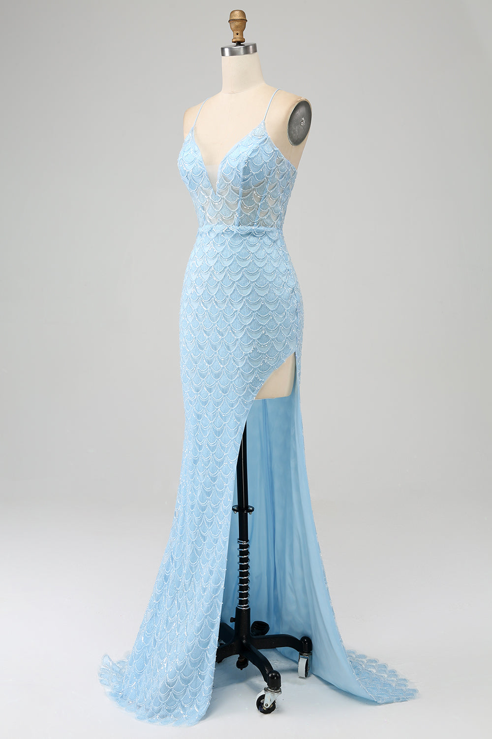 Glitter Azzurro Spalline sottili Sirena vestito da ballo con fessura