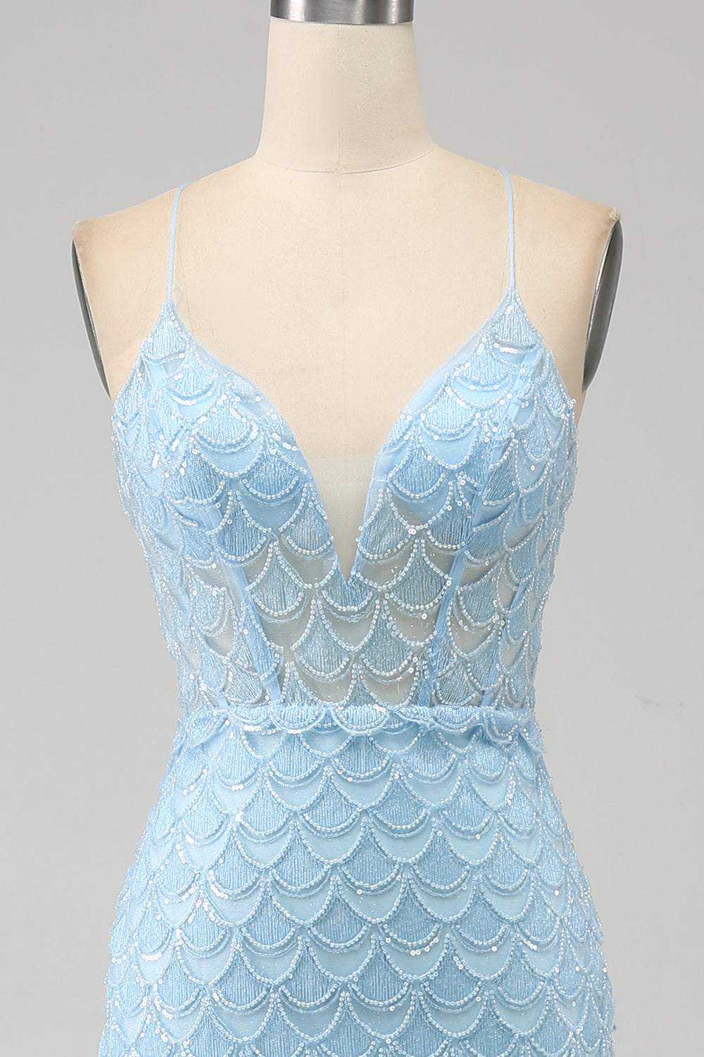 Glitter Azzurro Spalline sottili Sirena vestito da ballo con fessura
