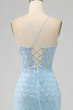 Glitter Azzurro Spalline sottili Sirena vestito da ballo con fessura