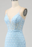 Glitter Azzurro Spalline sottili Sirena vestito da ballo con fessura