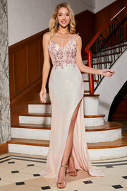 Abito da ballo rosa con glitter a sirena Perline con fessura