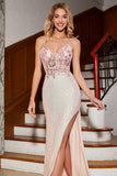 Abito da ballo rosa con glitter a sirena Perline con fessura
