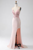 Glitter rosa perline sirena abito da ballo con fessura