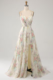 A-Line Flower Printed Ivory Abito da ballo con fessura