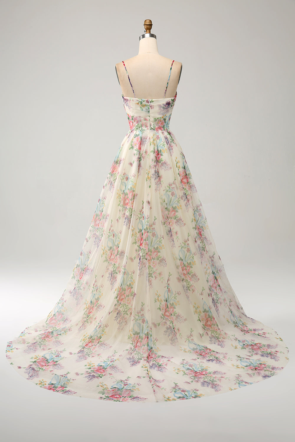 A-Line Flower Printed Ivory Abito da ballo con fessura