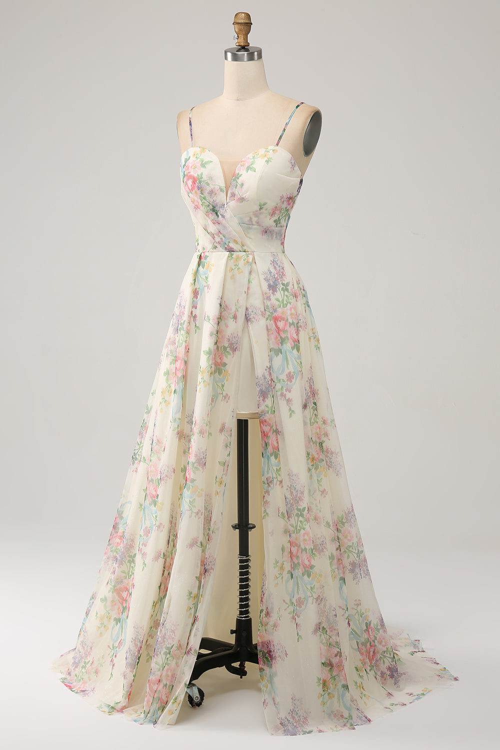 A-Line Flower Printed Ivory Abito da ballo con fessura