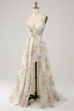 A-Line Flower Printed Ivory Abito da ballo con fessura