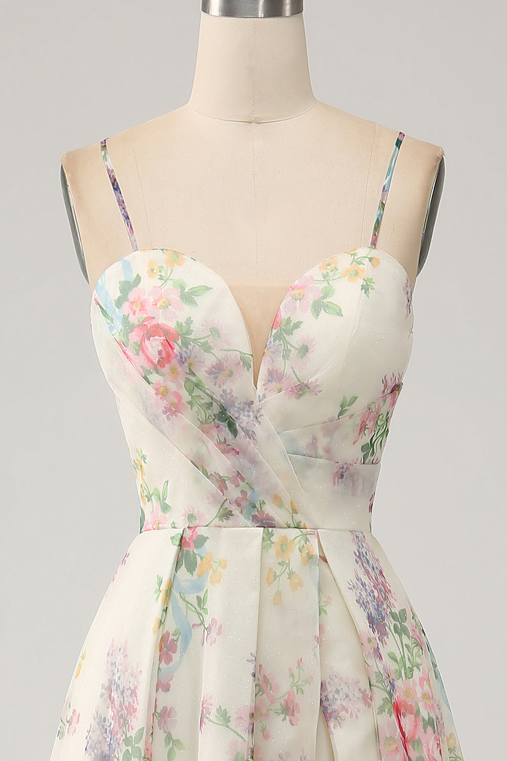 A-Line Flower Printed Ivory Abito da ballo con fessura