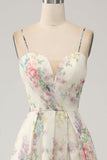 A-Line Flower Printed Ivory Abito da ballo con fessura