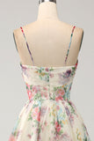 A-Line Flower Printed Ivory Abito da ballo con fessura