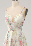 A-Line Flower Printed Ivory Abito da ballo con fessura