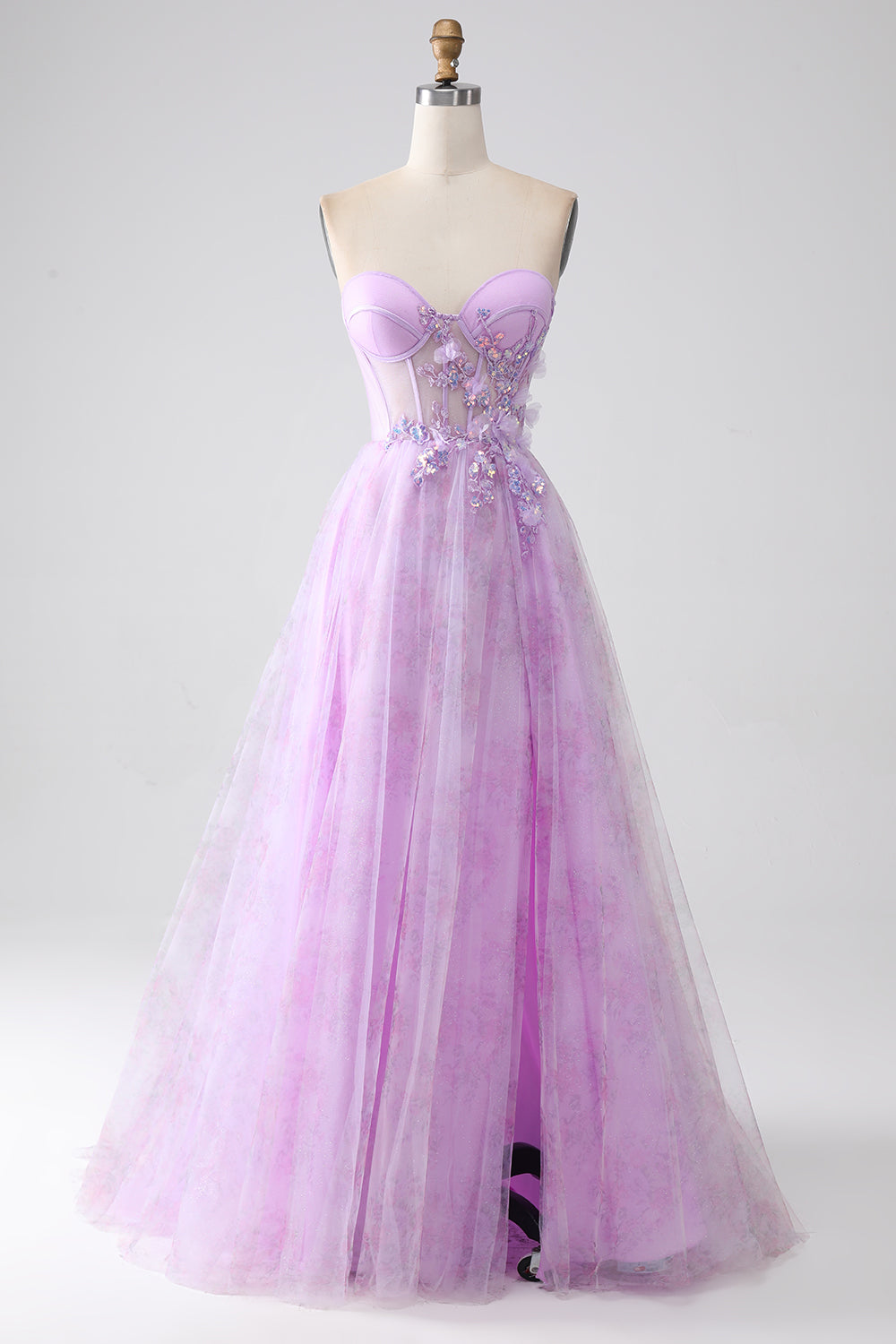Lavanda stampato senza spalline Corsetto vestito da ballo con perline