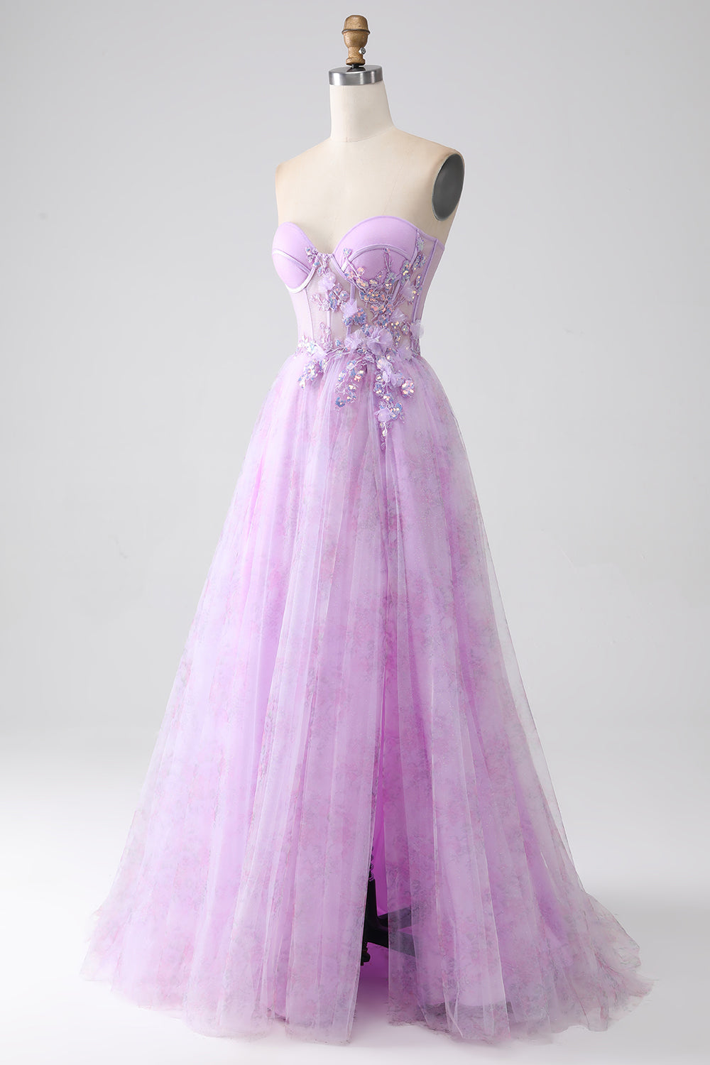 Lavanda stampato senza spalline Corsetto vestito da ballo con perline