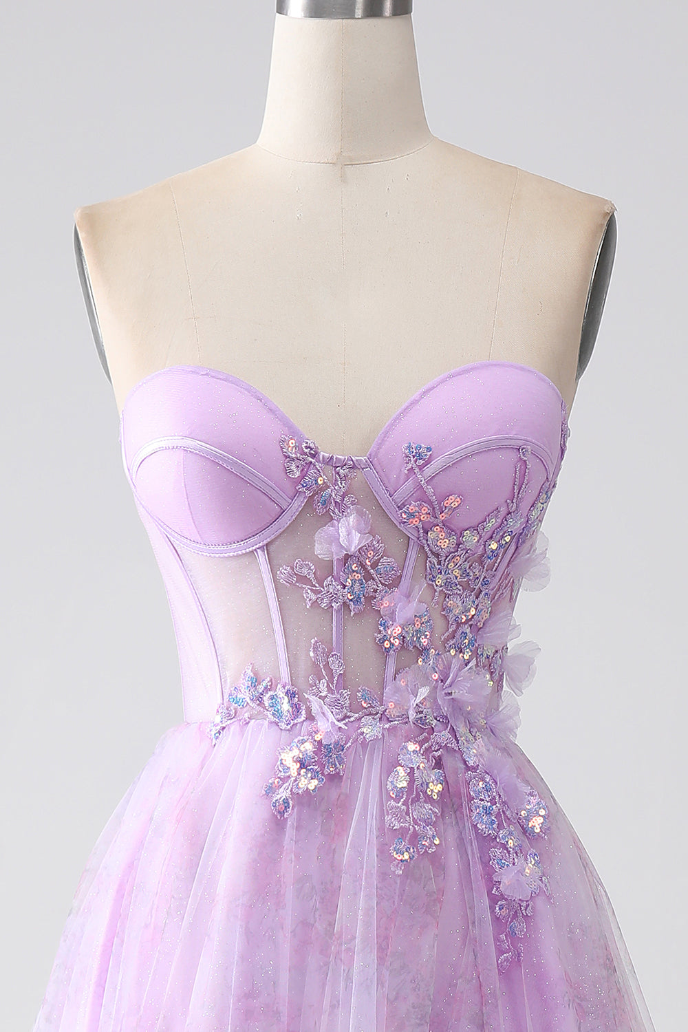 Lavanda stampato senza spalline Corsetto vestito da ballo con perline