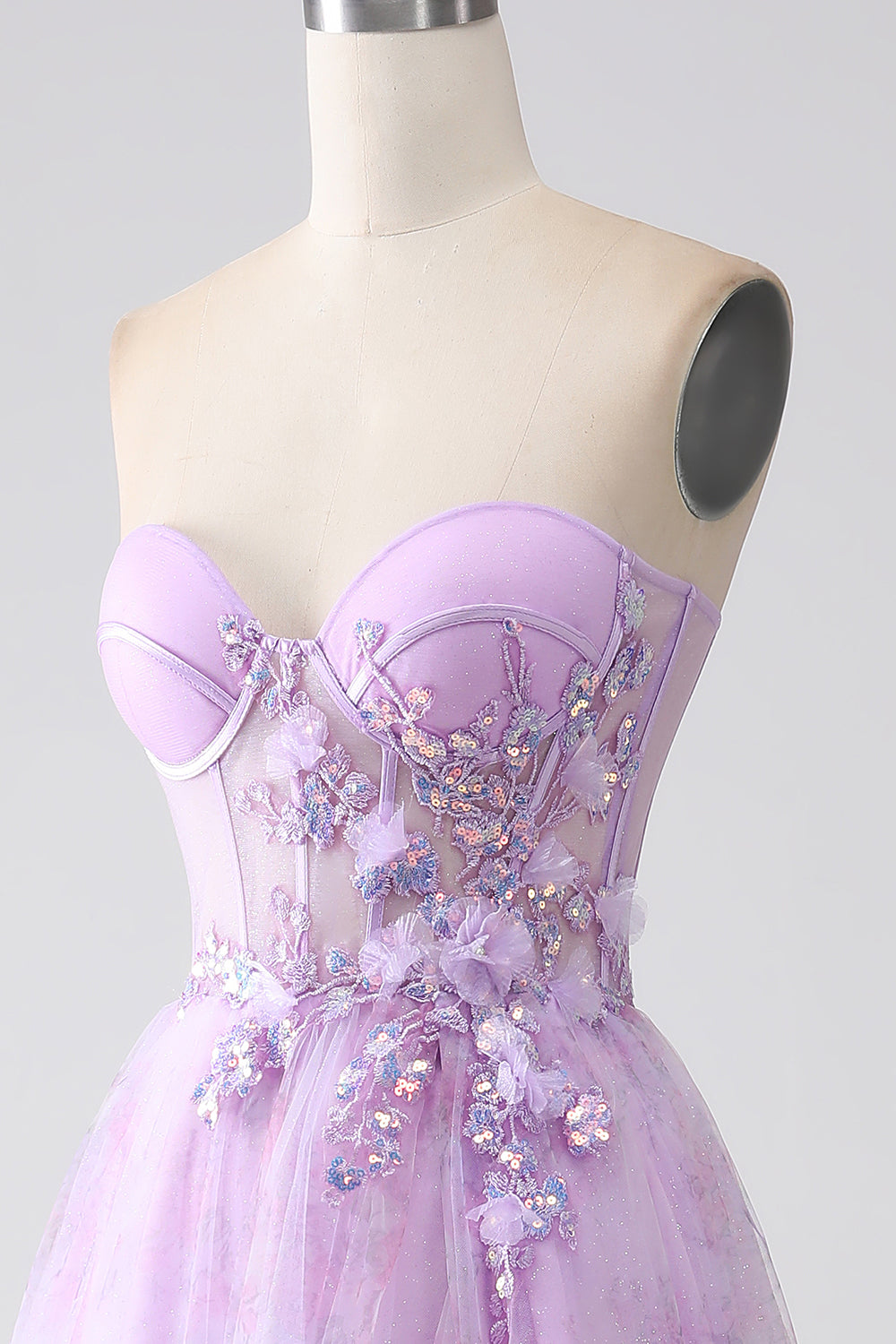 Lavanda stampato senza spalline Corsetto vestito da ballo con perline