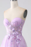 Lavanda stampato senza spalline Corsetto vestito da ballo con perline