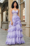 Princess A Line Sweetheart Lavanda Corsetto Prom Dress con pizzo a più livelli