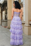 Princess A Line Sweetheart Lavanda Corsetto Prom Dress con pizzo a più livelli