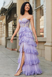 Princess A Line Sweetheart Lavanda Corsetto Prom Dress con pizzo a più livelli