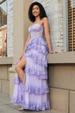 Princess A Line Sweetheart Lavanda Corsetto Prom Dress con pizzo a più livelli