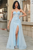 Affascinante A Line Sweetheart Abito da ballo corsetto blu con fessura di perline