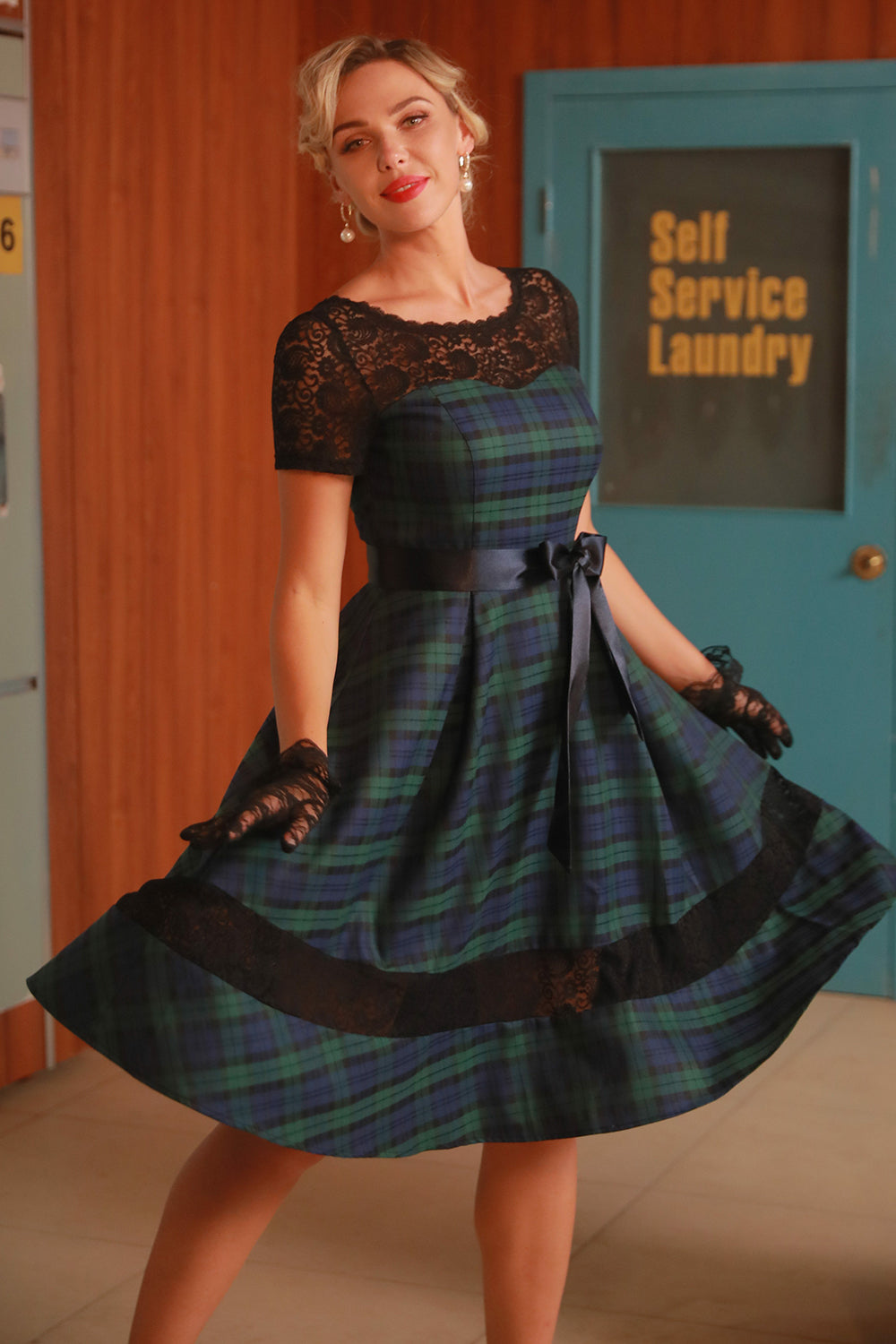 Green Gingham Vintage 1950s Abiti con pizzo