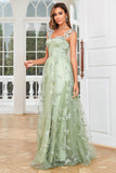 Linea A verde corsetto lungo abito da ballo di tulle con applique