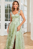 Linea A verde corsetto lungo abito da ballo di tulle con applique