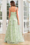 Linea A verde corsetto lungo abito da ballo di tulle con applique