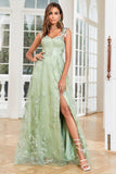 Linea A verde corsetto lungo abito da ballo di tulle con applique