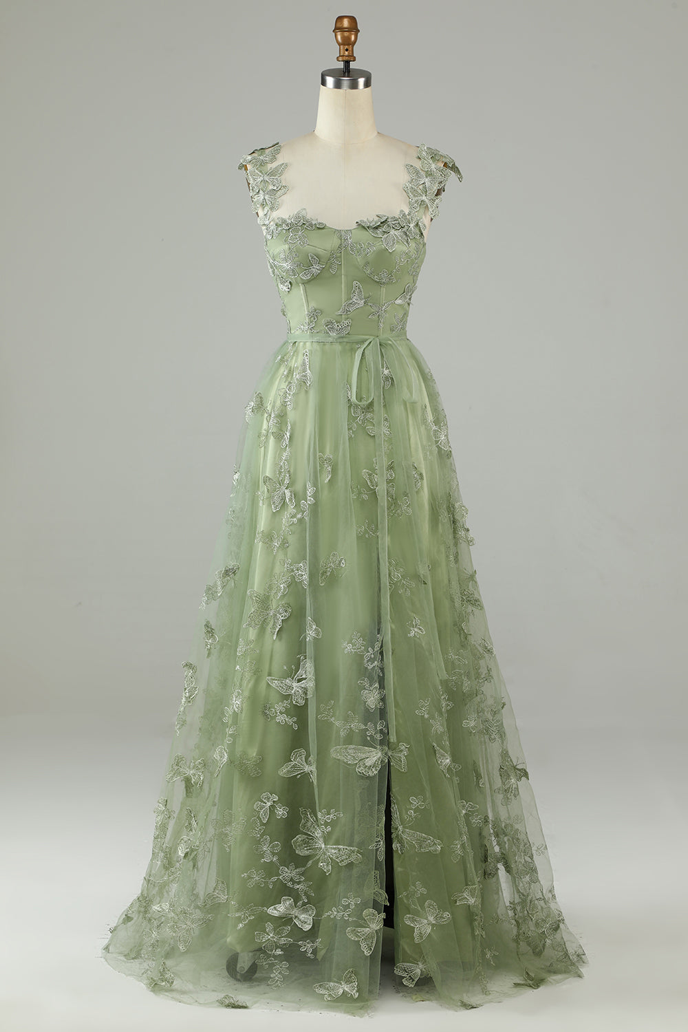 Abiti linea A verde corsetto lungo abito da ballo di tulle con farfalle 3D