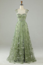 Abiti linea A verde corsetto lungo abito da ballo di tulle con farfalle 3D