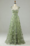 Abiti linea A verde corsetto lungo abito da ballo di tulle con farfalle 3D