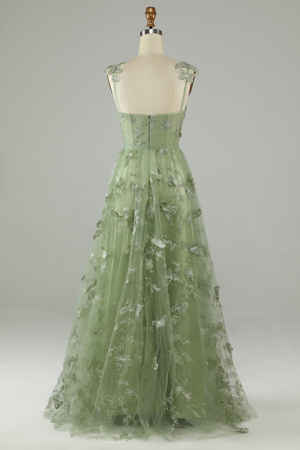 Abiti linea A verde corsetto lungo abito da ballo di tulle con farfalle 3D